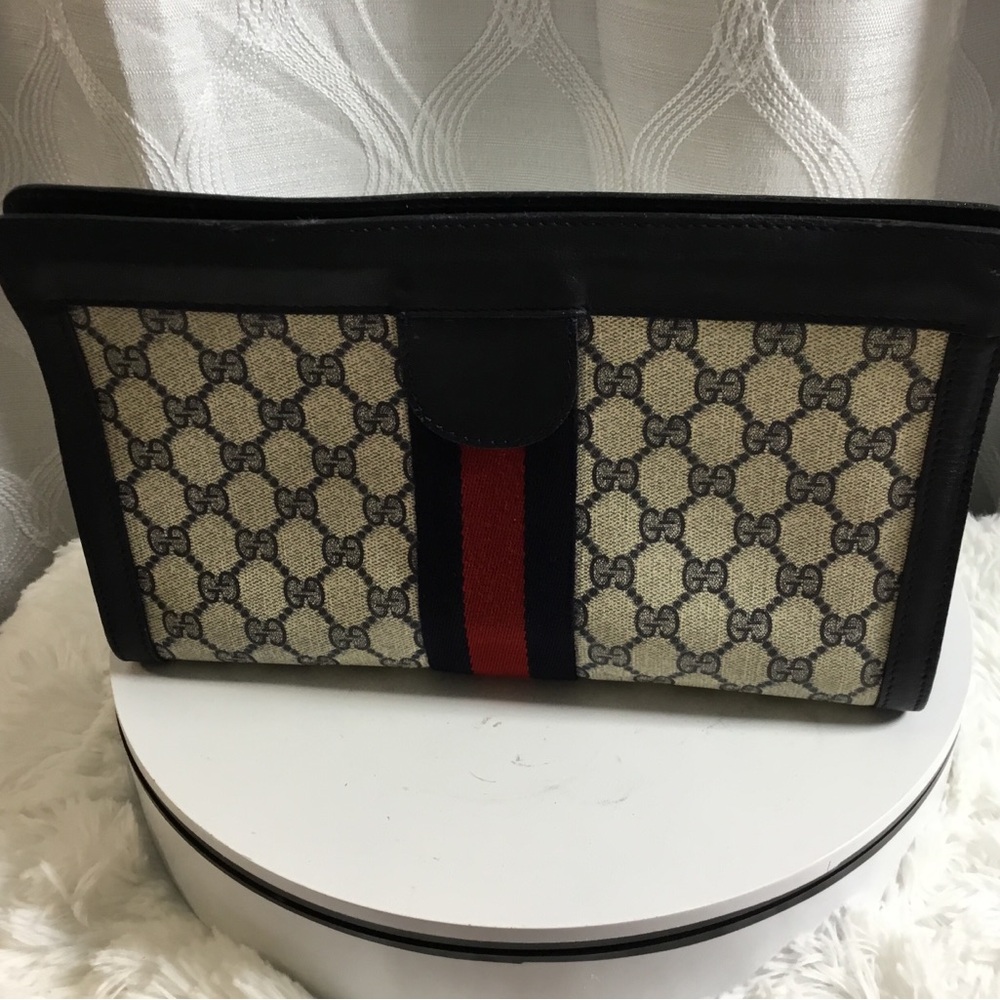 Gucci Beige Monogram Canvas Clutch with Red & Blue Web